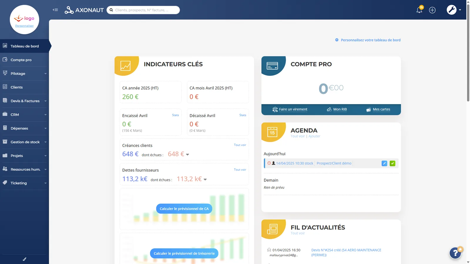 Interface du tableau de bord CRM et trésorerie du logiciel français Axonaut