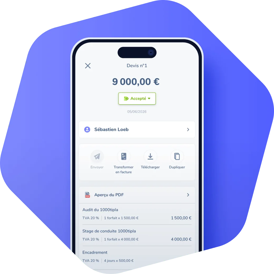 Application mobile et web Tiime pour éditer des devis, factures électroniques et suivre son compte pro