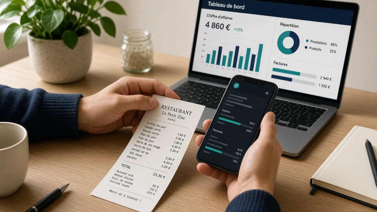 Indépendant scannant un justificatif de note de frais avec son smartphone devant son tableau de bord comptable