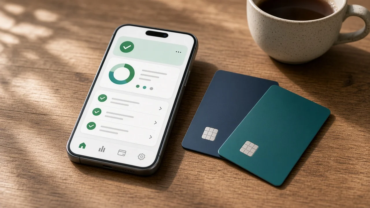 Application mobile de compte bancaire professionnel avec cartes bancaires pro Ardoise et Émeraude sur un bureau