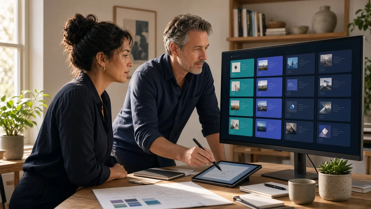 Deux consultants indépendants pilotant leur pipeline commercial Kanban et leurs devis sur grand écran et tablette