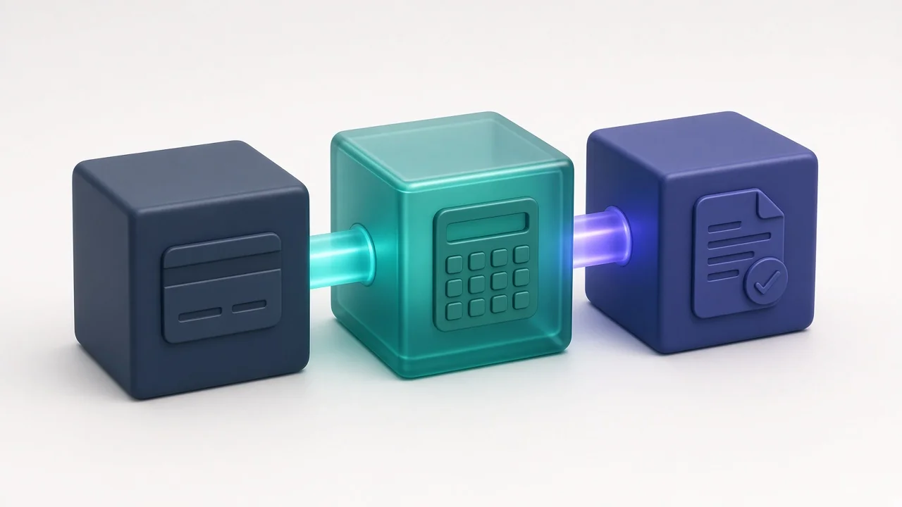 Illustration 3D modulaire reliant les trois briques d'une stack d'indépendant : Compte pro, Comptabilité et Facturation